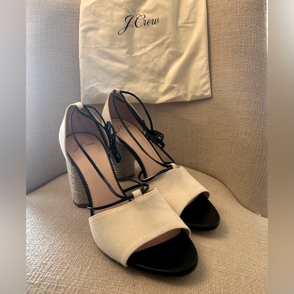 J Crew Stella Heels, Canvas and Leather, Never Worn, Size 10, includes shoe bag.